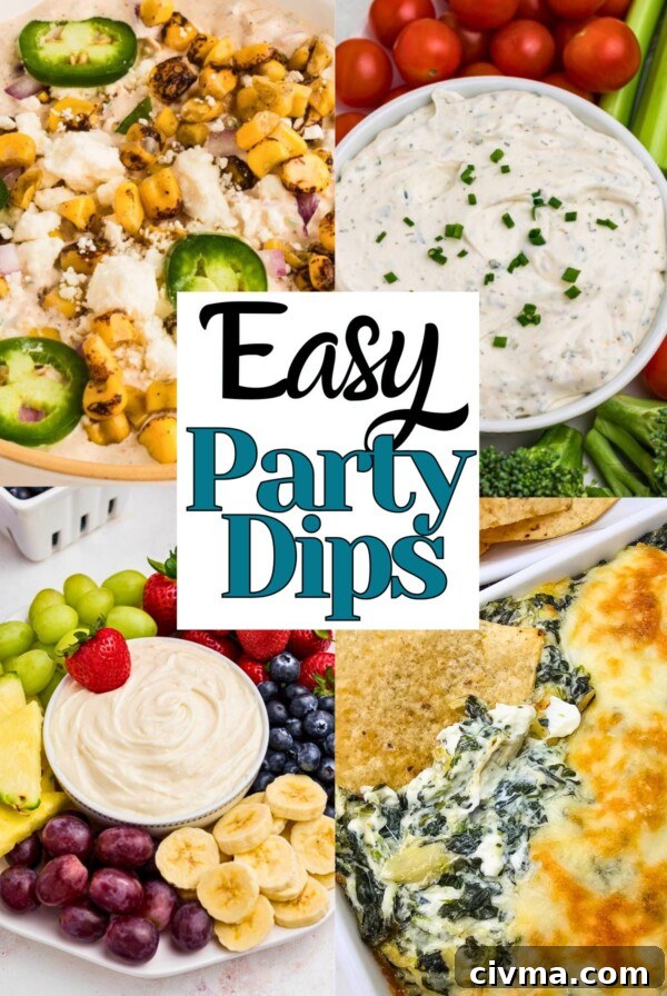 Street corn dip, fruit dip spinach artichoke dip, and ranch dip images with title of easy party dips overlay.