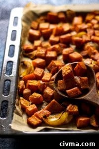 Roasted sweet potatoes, onion and garlic for soup