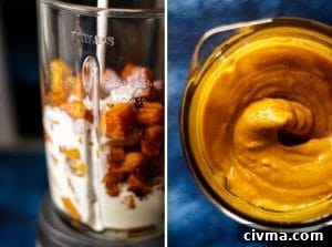Blending roasted sweet potatoes with coconut milk