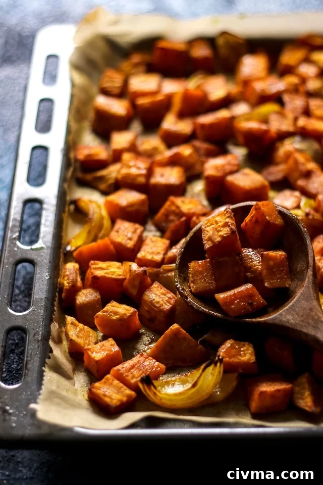 Roasted Sweet Potatoes and Onions in a Baking Dish
