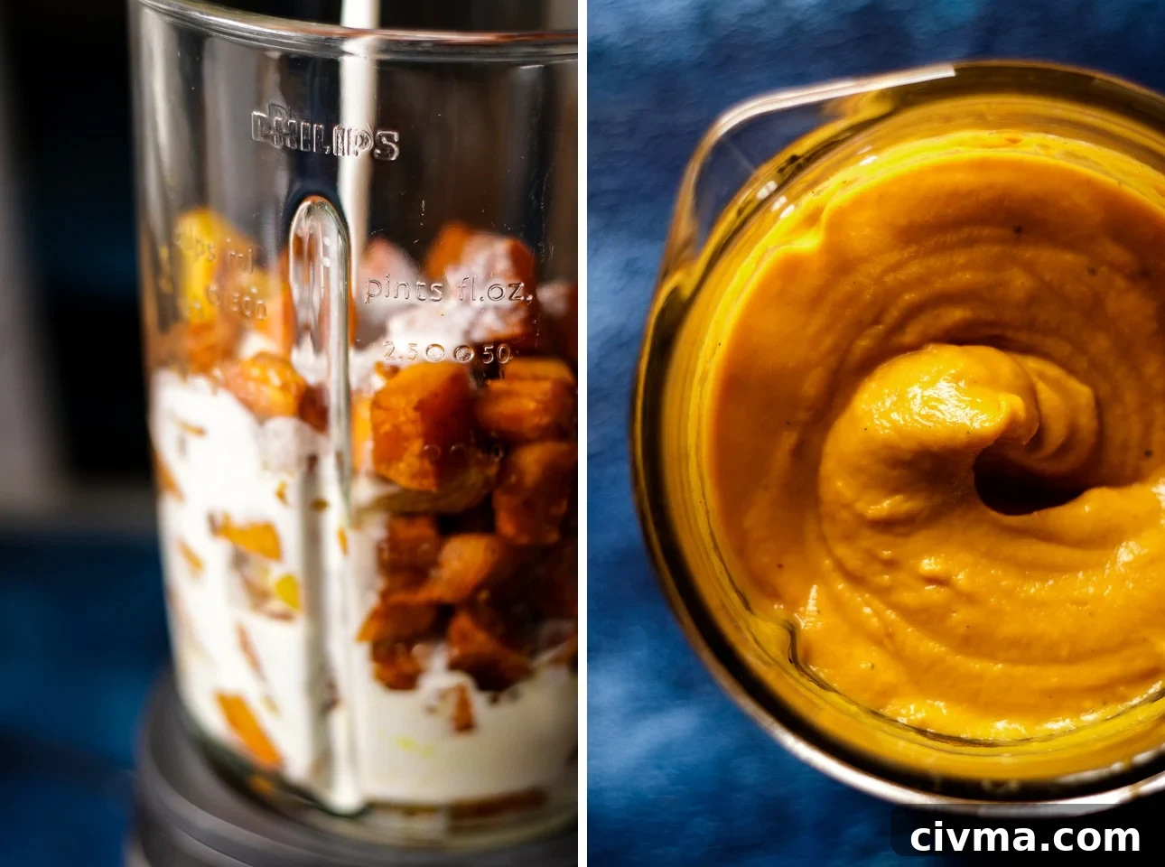 Roasted Sweet Potatoes with Coconut Milk in a Blender Before and After Blending