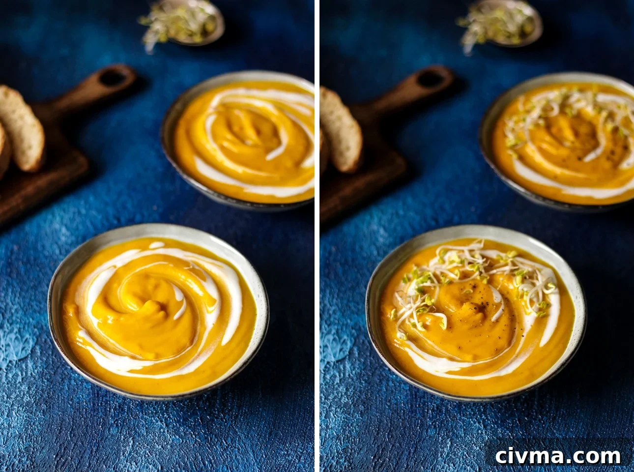 Garnishing Sweet Potato Lentil Soup with Coconut Milk and Microgreens