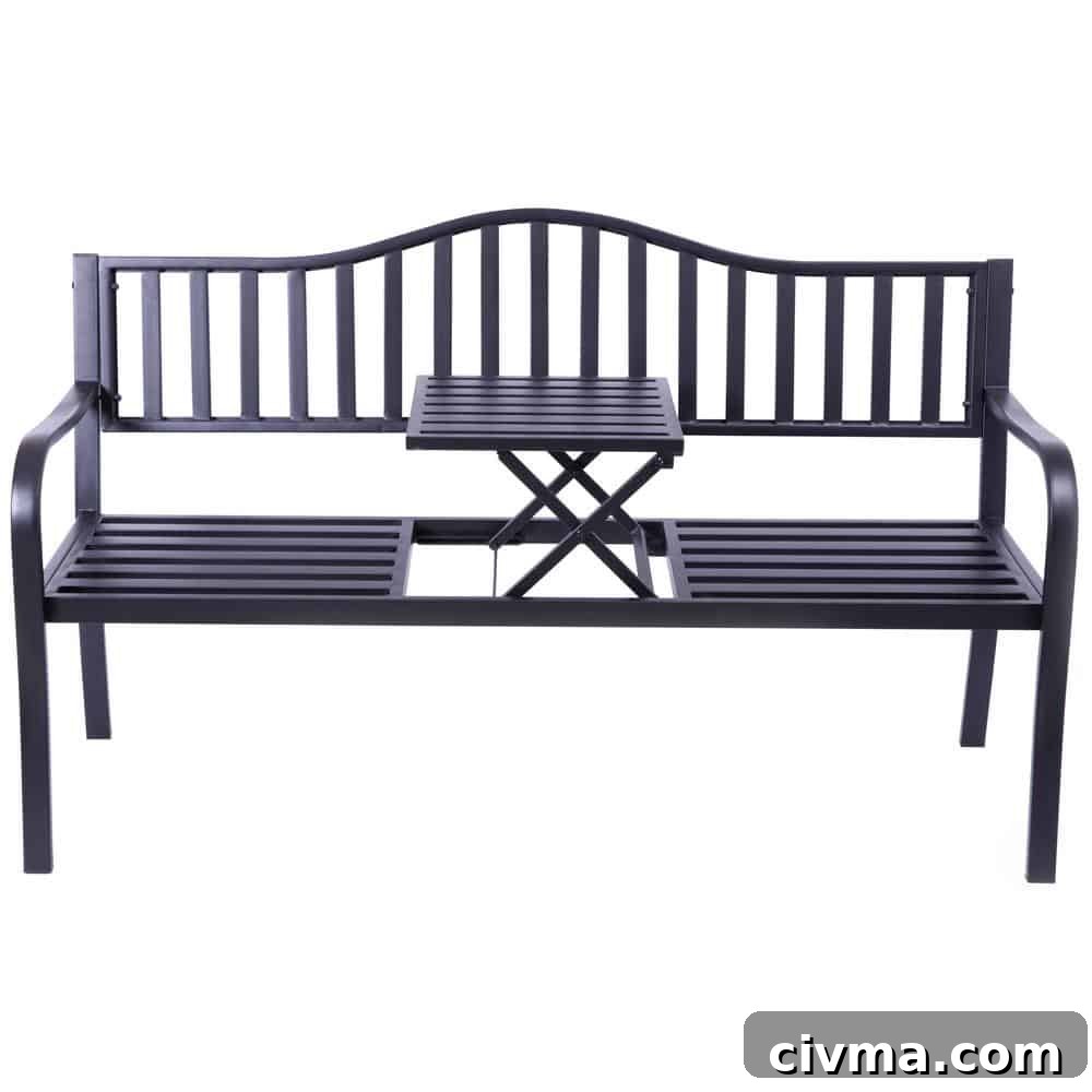 outdoor bench with pop up table in middle of bench seat
