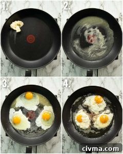 4 step by step photos showing how to fry eggs