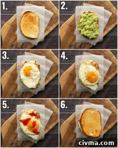 6 step by step photos showing how to make avocado egg sandwich