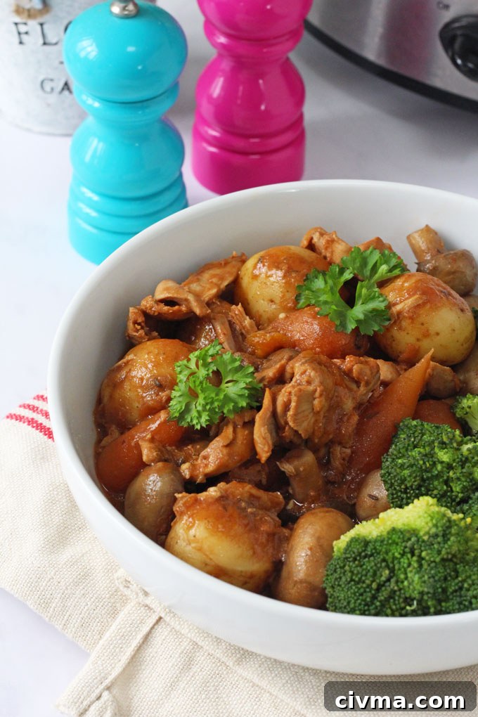Slow Cooker Chicken Casserole served in a white bowl and garnished with fresh parsley