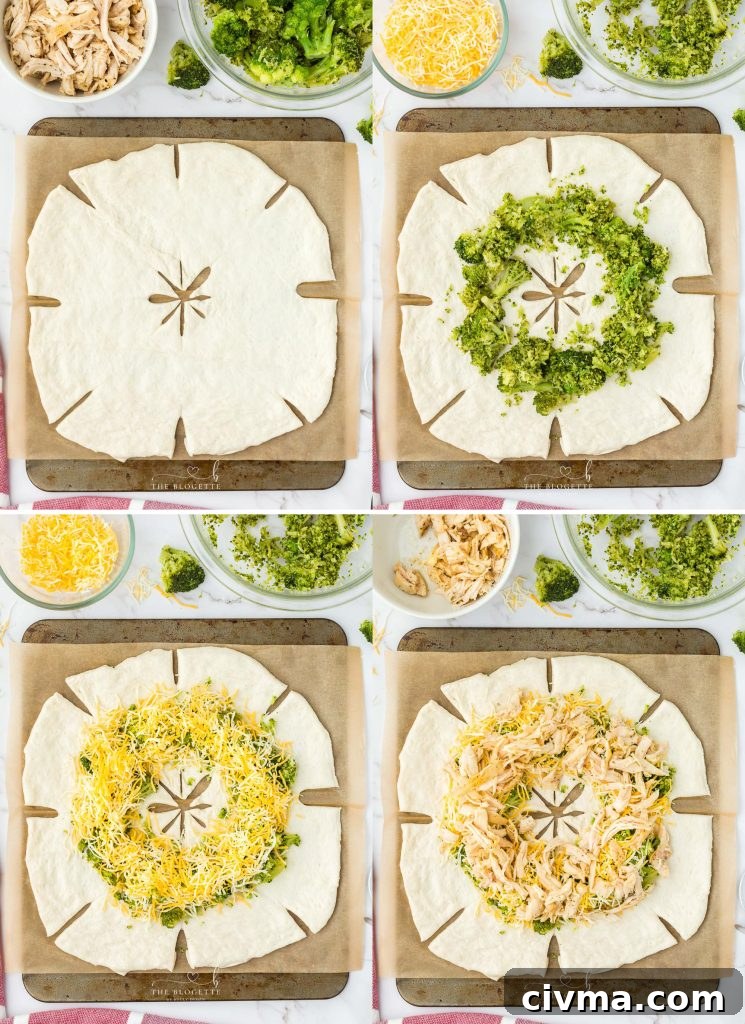 Cheesy Chicken Broccoli Crescent Ring 5 How to assemble a chicken, broccoli, and cheese stuffed ring