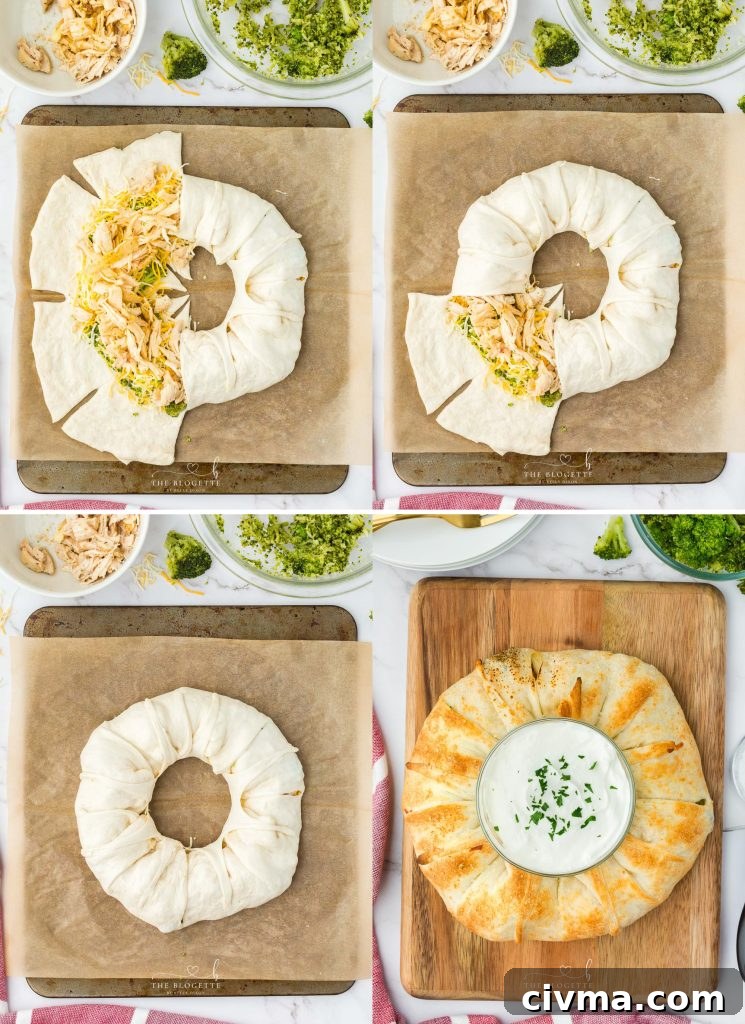 Cheesy Chicken Broccoli Crescent Ring 6 Chicken broccoli and cheese ring brushed with butter before baking