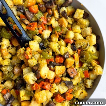 Instant Pot Vegetarian Stuffing Recipe 5 Easy Instant Pot Vegetarian Stuffing Served in Gray Bowl on White Background