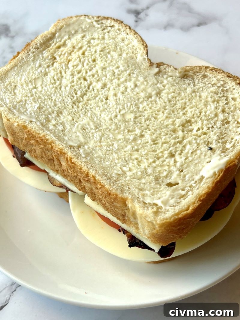 Sourdough bread slice layered with cheese, mushrooms, tomato slices, more cheese, topped with another bread slice. 