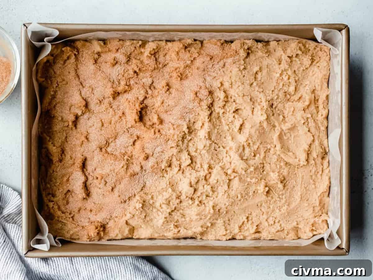 Dough for snickerdoodle blondies in a pan, with half of the dough covered with cinnamon-sugar
