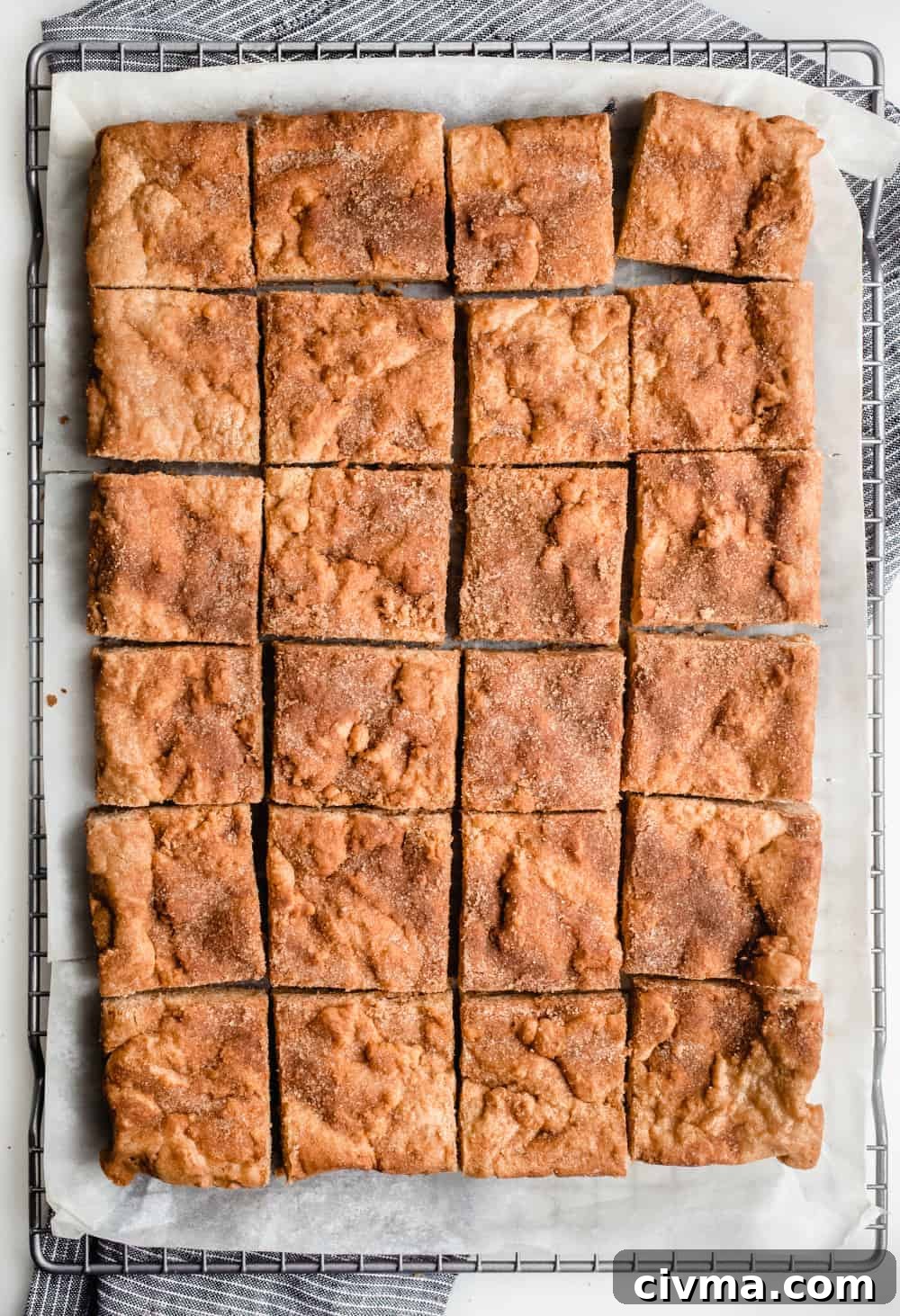 Baked and cut snickerdoodle blondies in a parchment-lined cooling rack