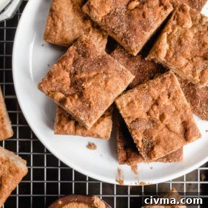 Cut snickerdoodle blondies arranged on a white plate that is set on a wire rack