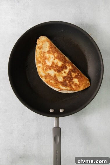 Buffalo Chicken Quesadilla Recipe 13 A quesadilla is being cooked in a frying pan.