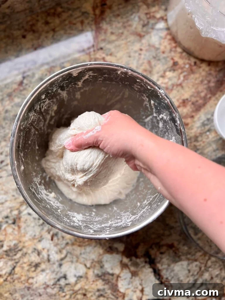 How to Reduce Sourness in Sourdough Bread 4 Hands knead dough in a mixing bowl.