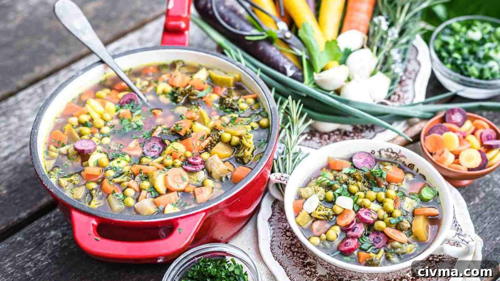 A pot of soup with vegetables and herbs on a wooden table.