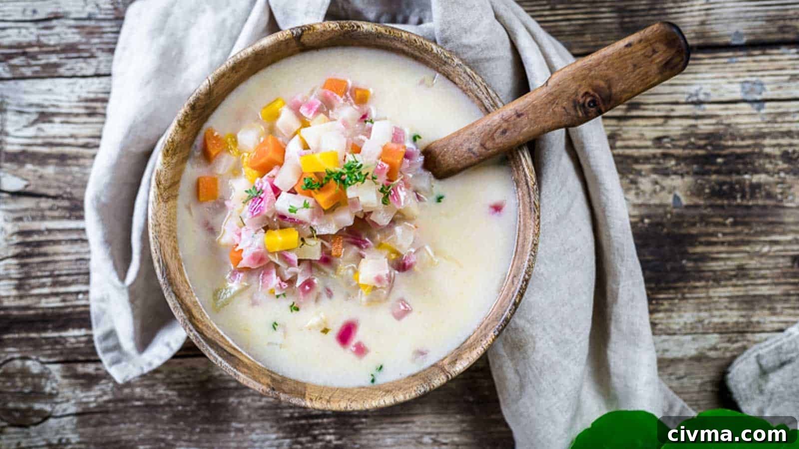 Winter Root Vegetable Soup inside wooden bowl with wooden spoon.