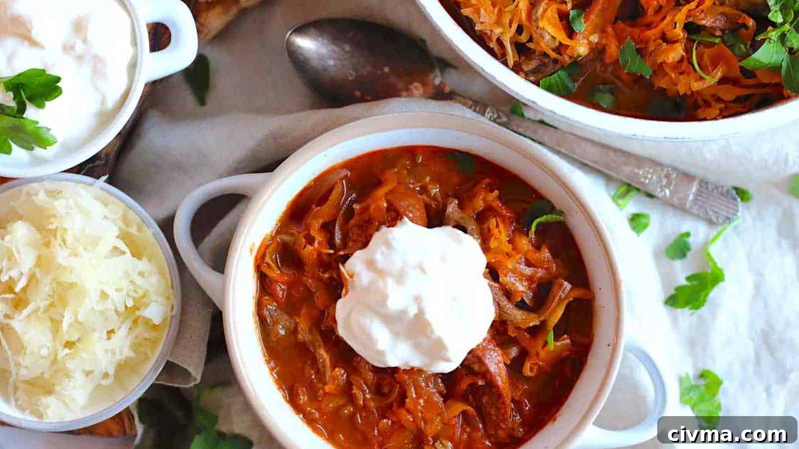 Sauerkraut Soup inside soup bowl with dollop of sour cream.