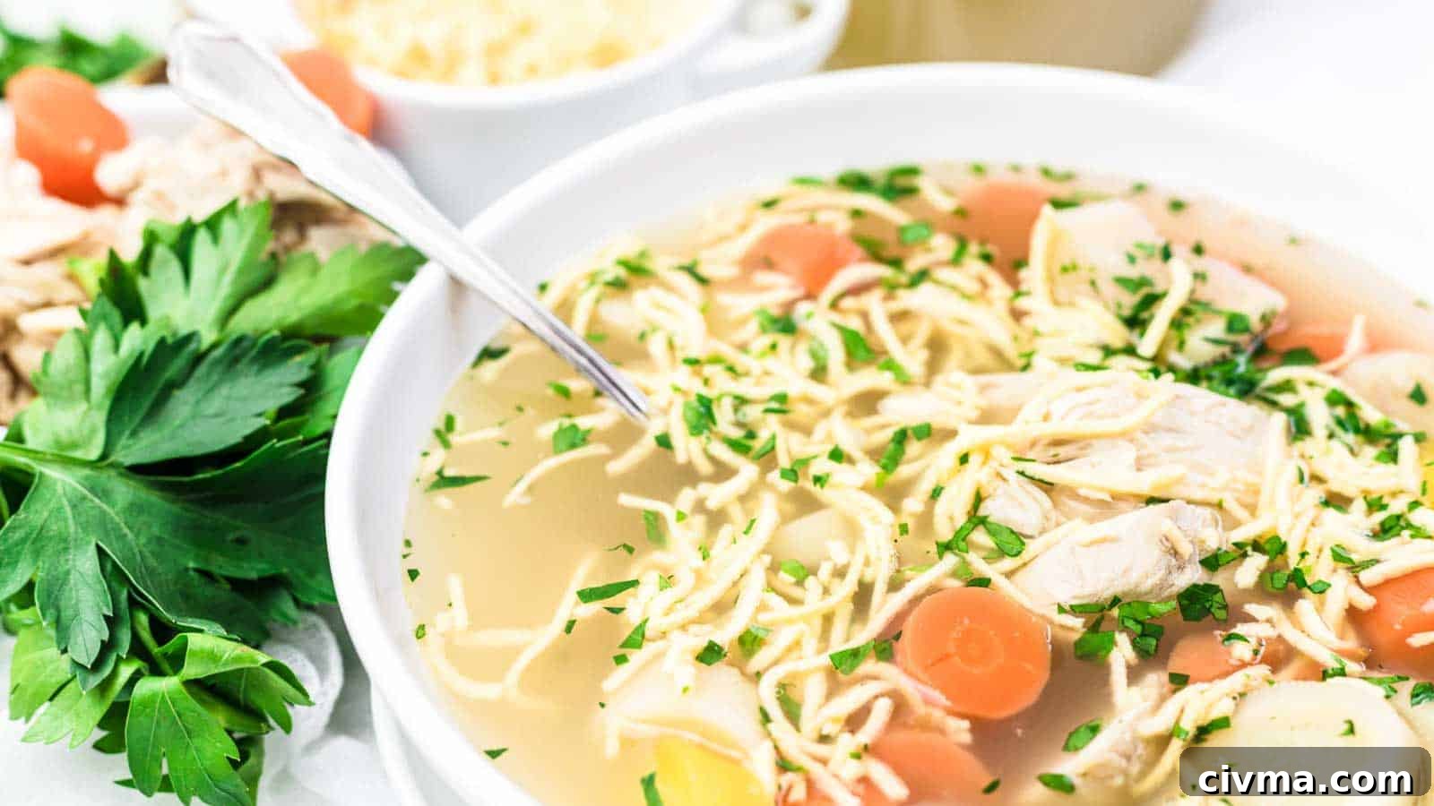 Chicken Noodle Soup with Homemade Keto Egg Noodles in a white bowl.