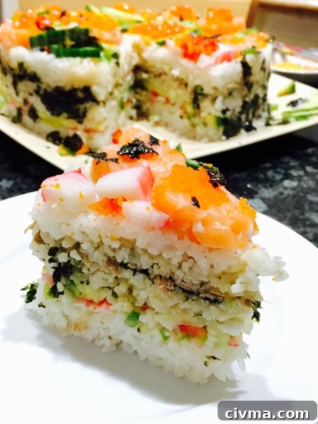A delicious slice of homemade sushi cake.