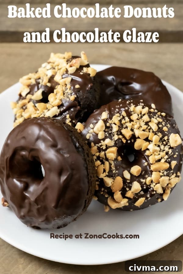 a graphic with 4 Baked Chocolate Donuts with Chocolate Glaze, and some with nuts, on a plate.