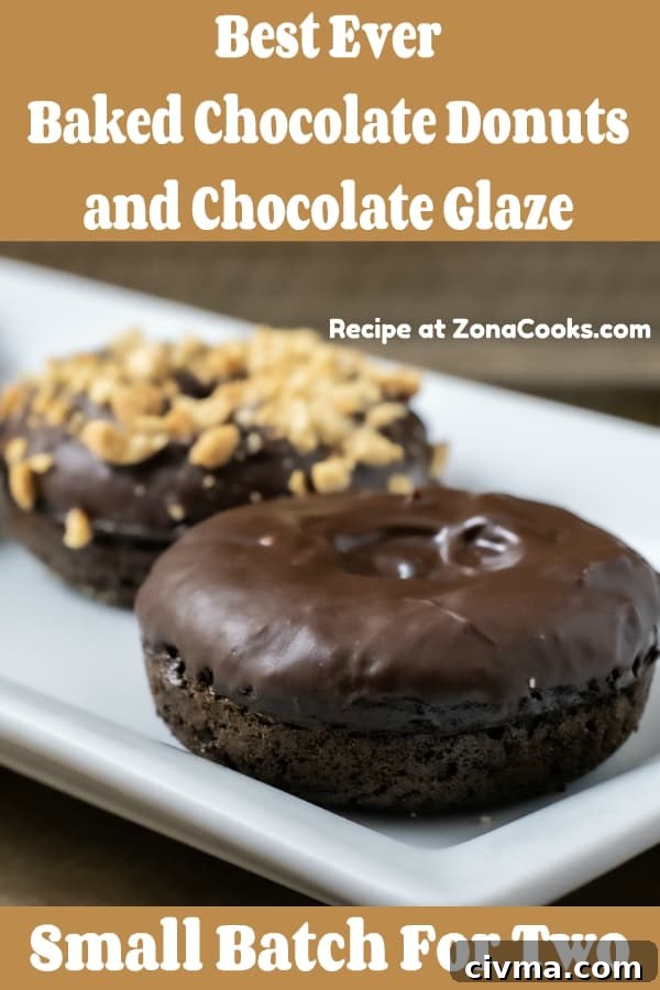 a graphic of Baked Chocolate Donuts with Chocolate Glaze small batch for two and has two donuts on a plate.