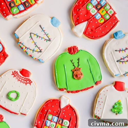 An overhead photo of decorated gluten-free ugly sweater sugar cookies on a white surface.