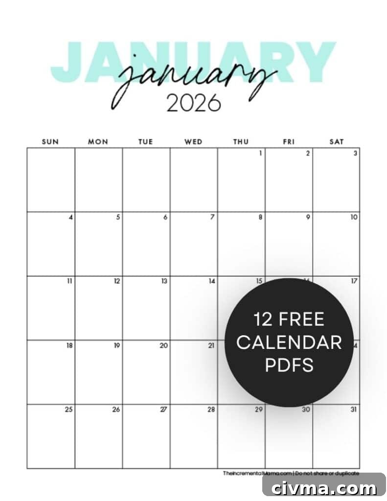 free january 2026 monthly calendar