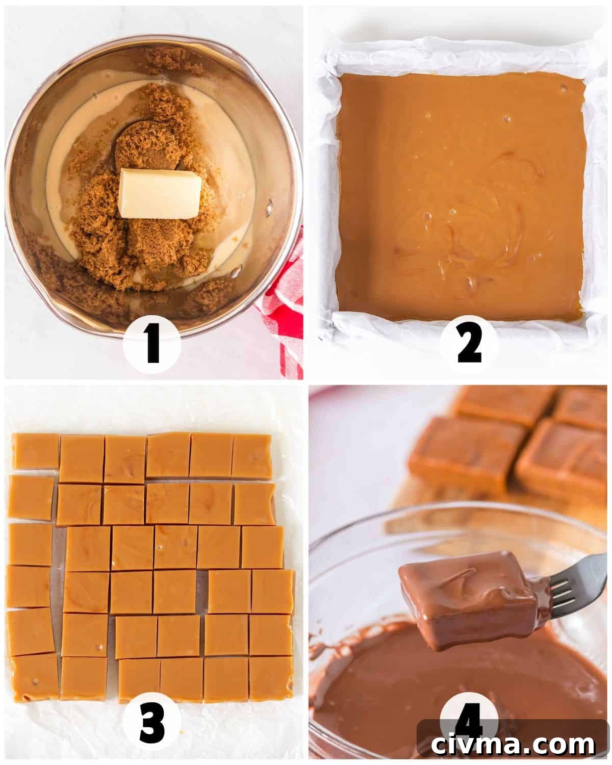 Step-by-step process of making Soft & Chewy Caramels: melt ingredients in a pot, pour into a pan, cut into squares, and dip each piece into chocolate.