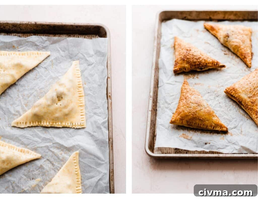 Two images - one of the unbaked and one of the baked turnovers.