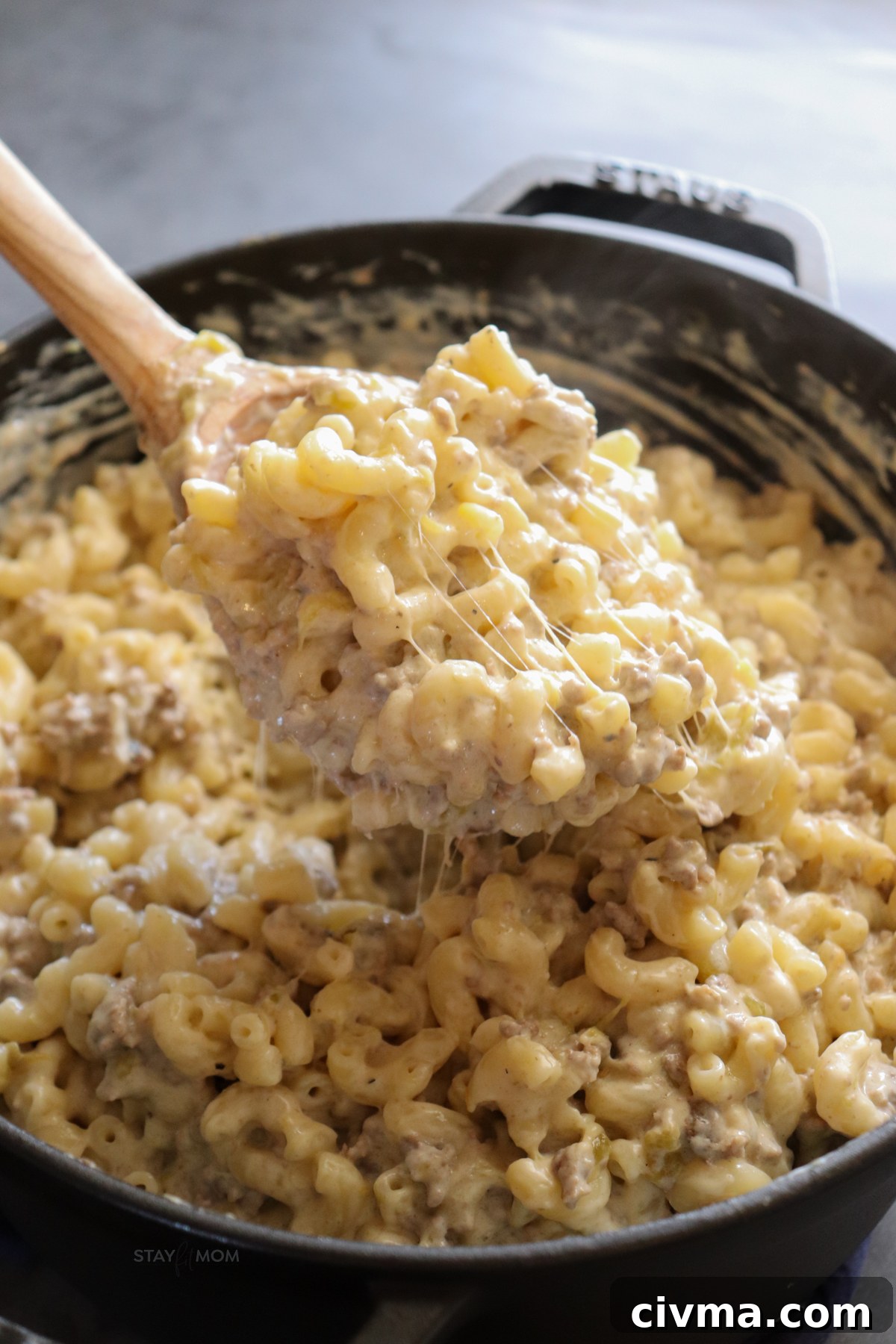 Hatch Green Chile Mac & Cheese with pasta, ground beef, and melted cheese