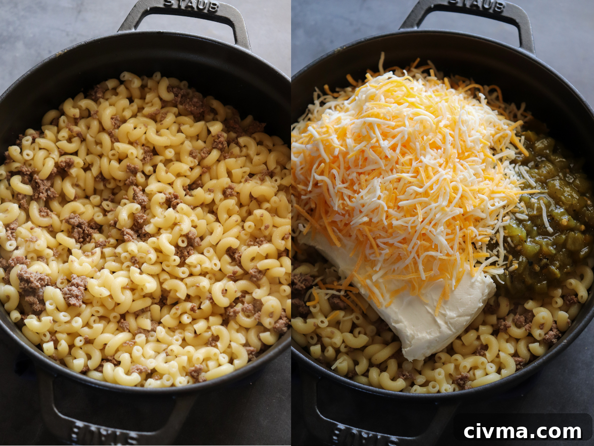 Prepared ingredients for green chile macaroni and cheese