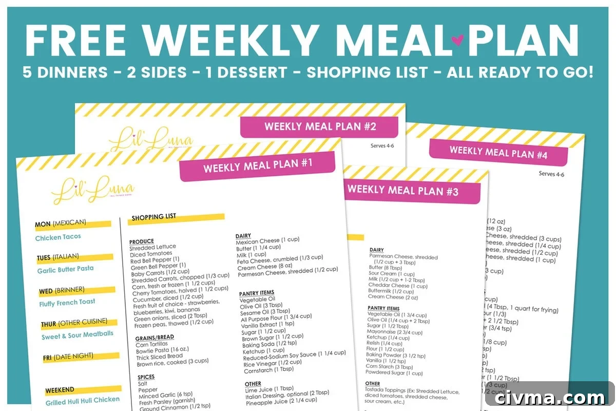 A graphic showing multiple meal plans with printable grocery lists.