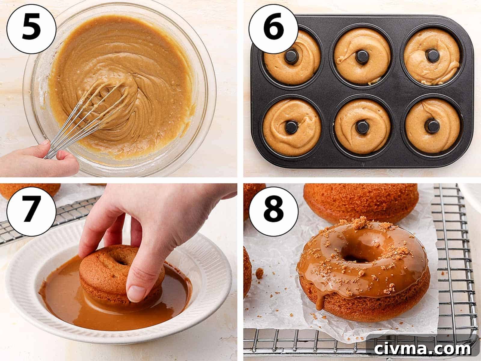 Biscoff Cookie Butter Donuts with Creamy Glaze 5 Process Shot Collage: piping the batter into the donut pan and glazing the donuts.