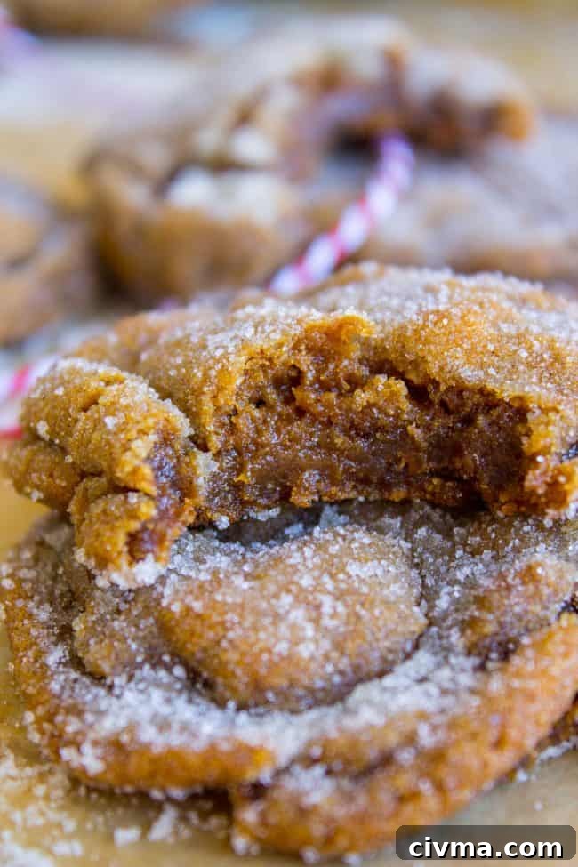 Stack of sugary molasses cookies with the top cookie bitten.