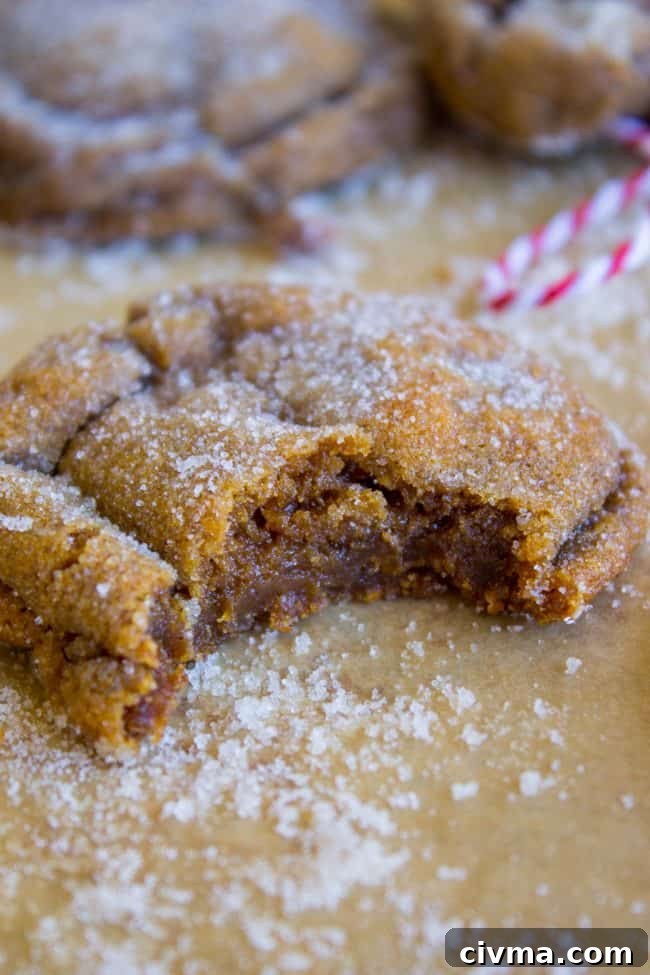 Soft molasses cookie rolled in sugar with a bite taken out of it.