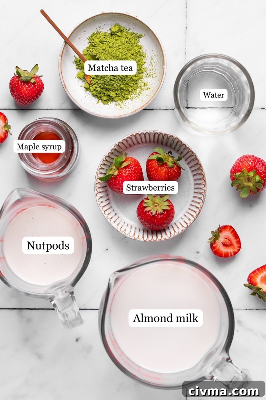 Iced Strawberry Matcha Latte Recipe 3 recipe ingredients in small bowls and labeled