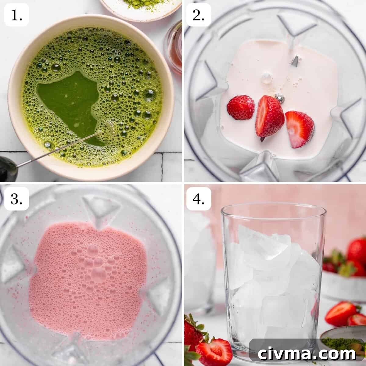 Iced Strawberry Matcha Latte Recipe 4 numbered step by step photos showing how to make the matcha and cold foam