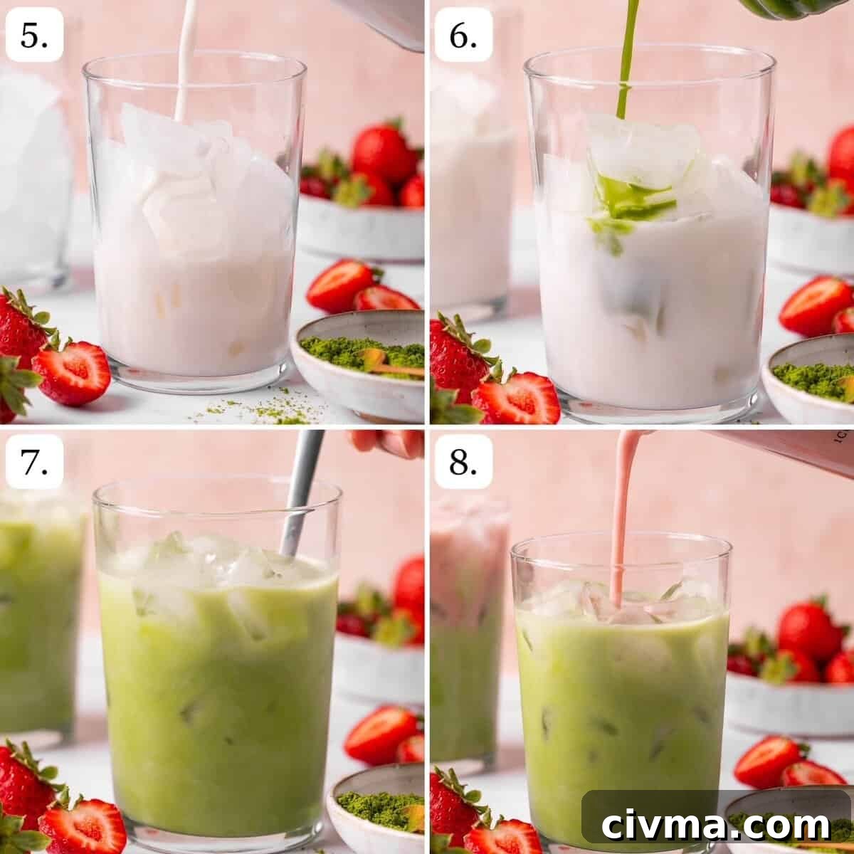 Iced Strawberry Matcha Latte Recipe 5 numbered step by step photos showing how to assemble the drink