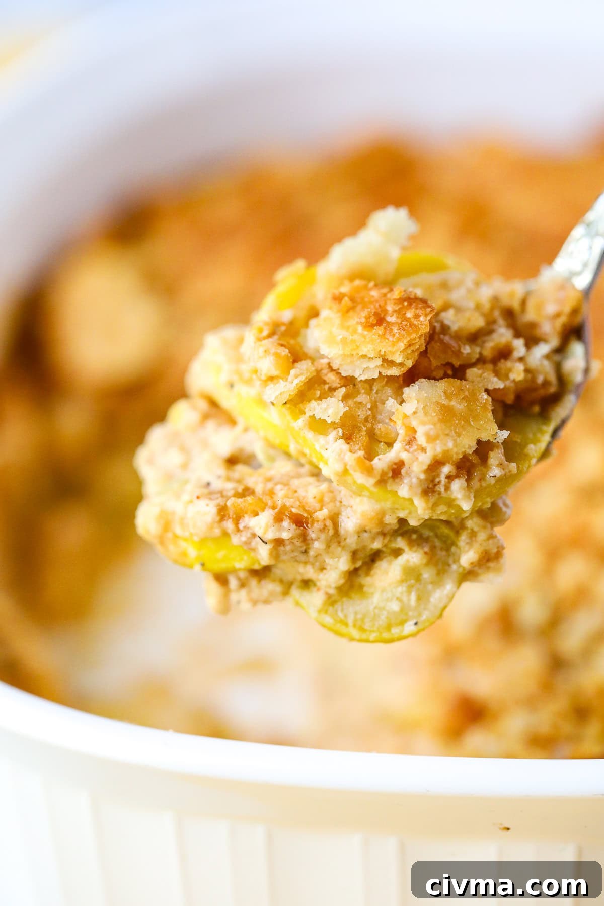 Photo of a serving of southern squash casserole on a serving spoon.