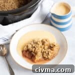 Slow cooker apple crumble with custard.