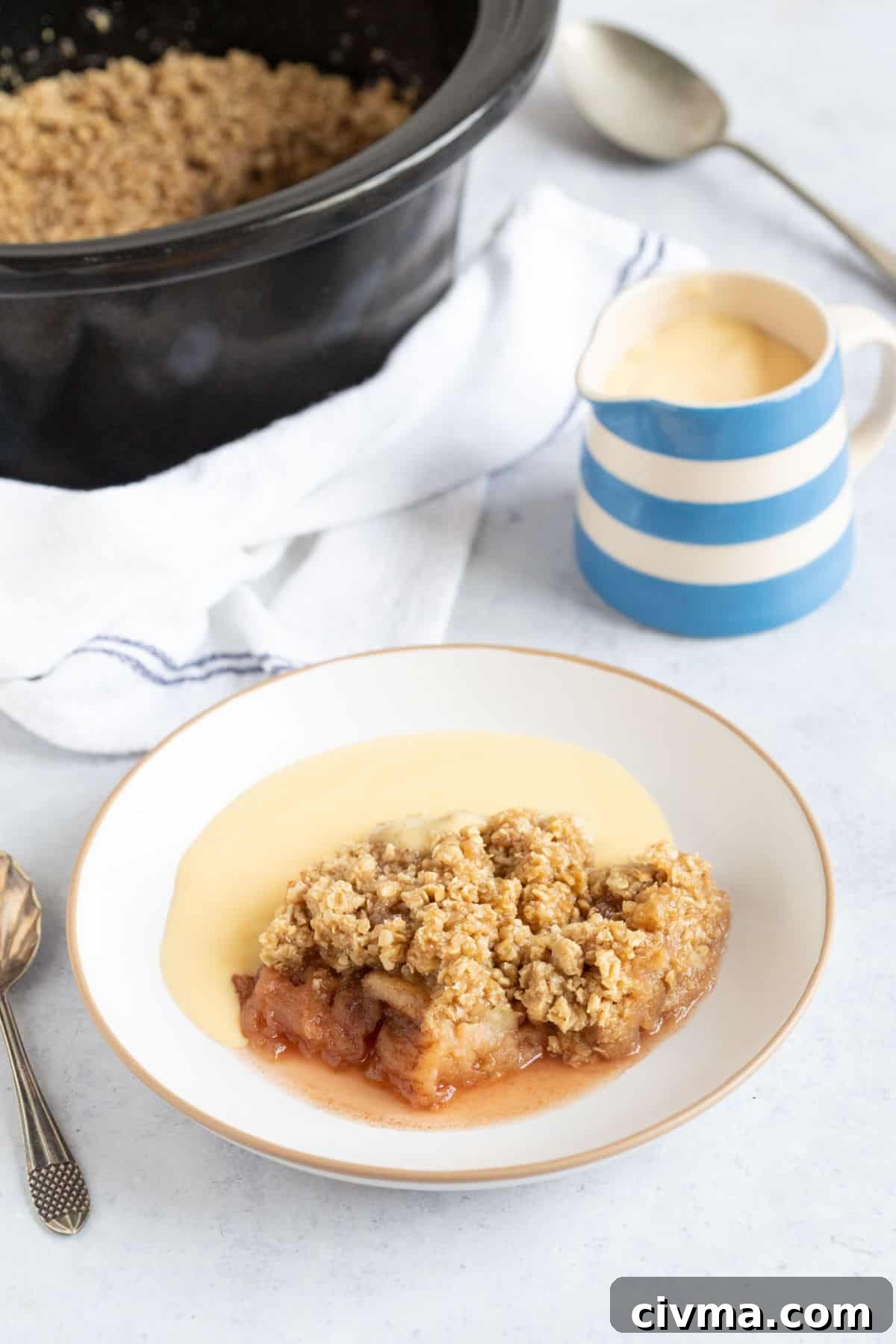 A bowl of apple crumble made in a slow cooker.