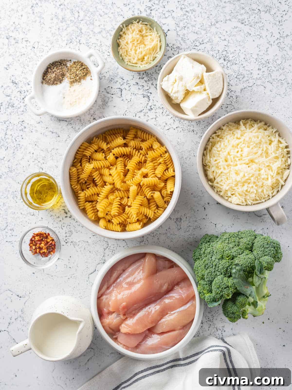 ingredients of the baked chicken and broccoli bake