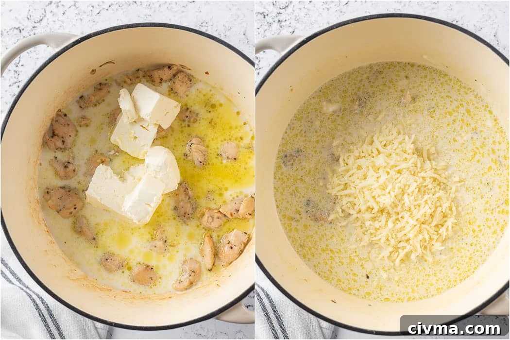 creamy chicken sauce before and after adding cheese