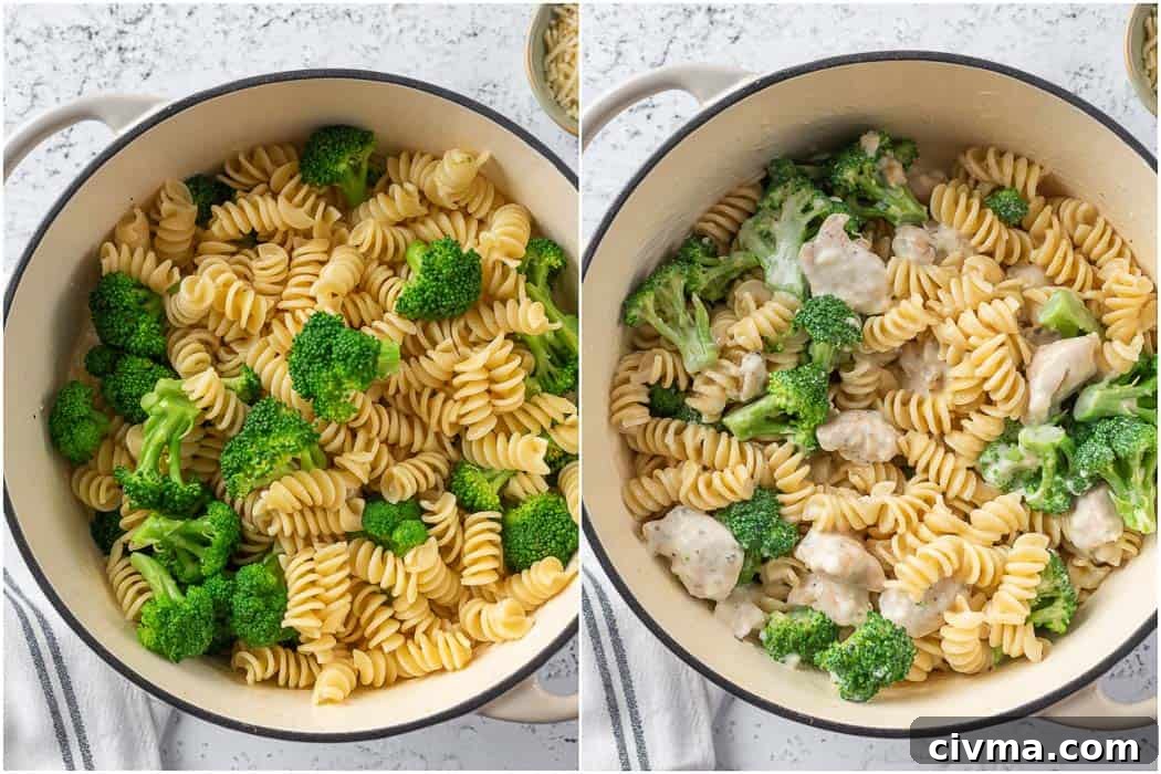 cooked pasta and broccoli added into the creamy chicken sauce