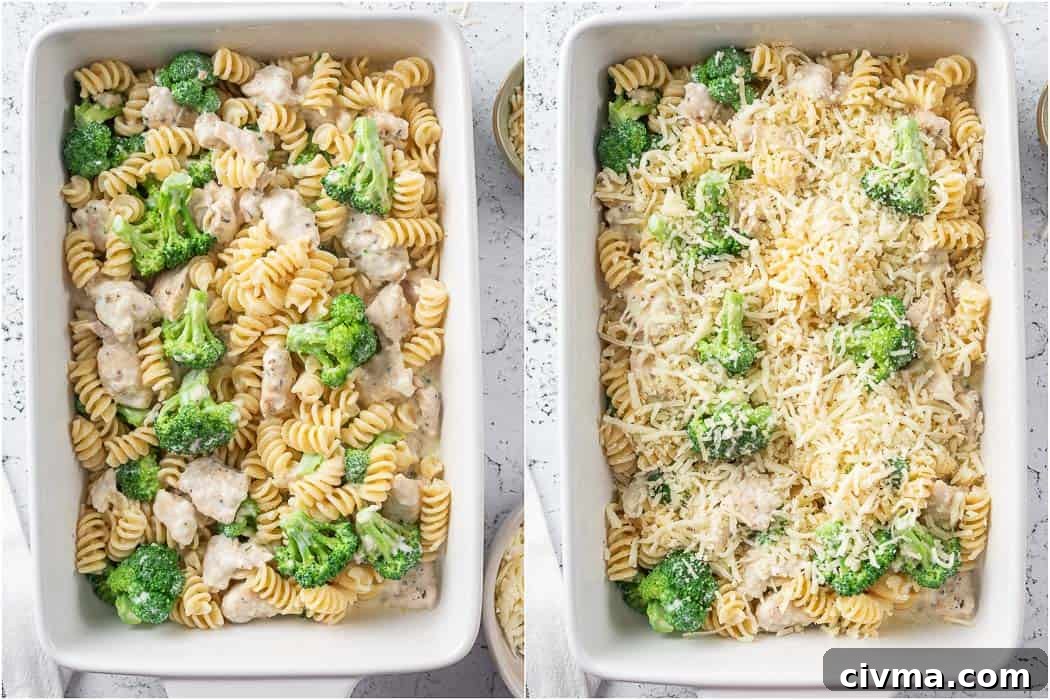 chicken and broccoli pasta in a white baking dish before and after adding cheese on top