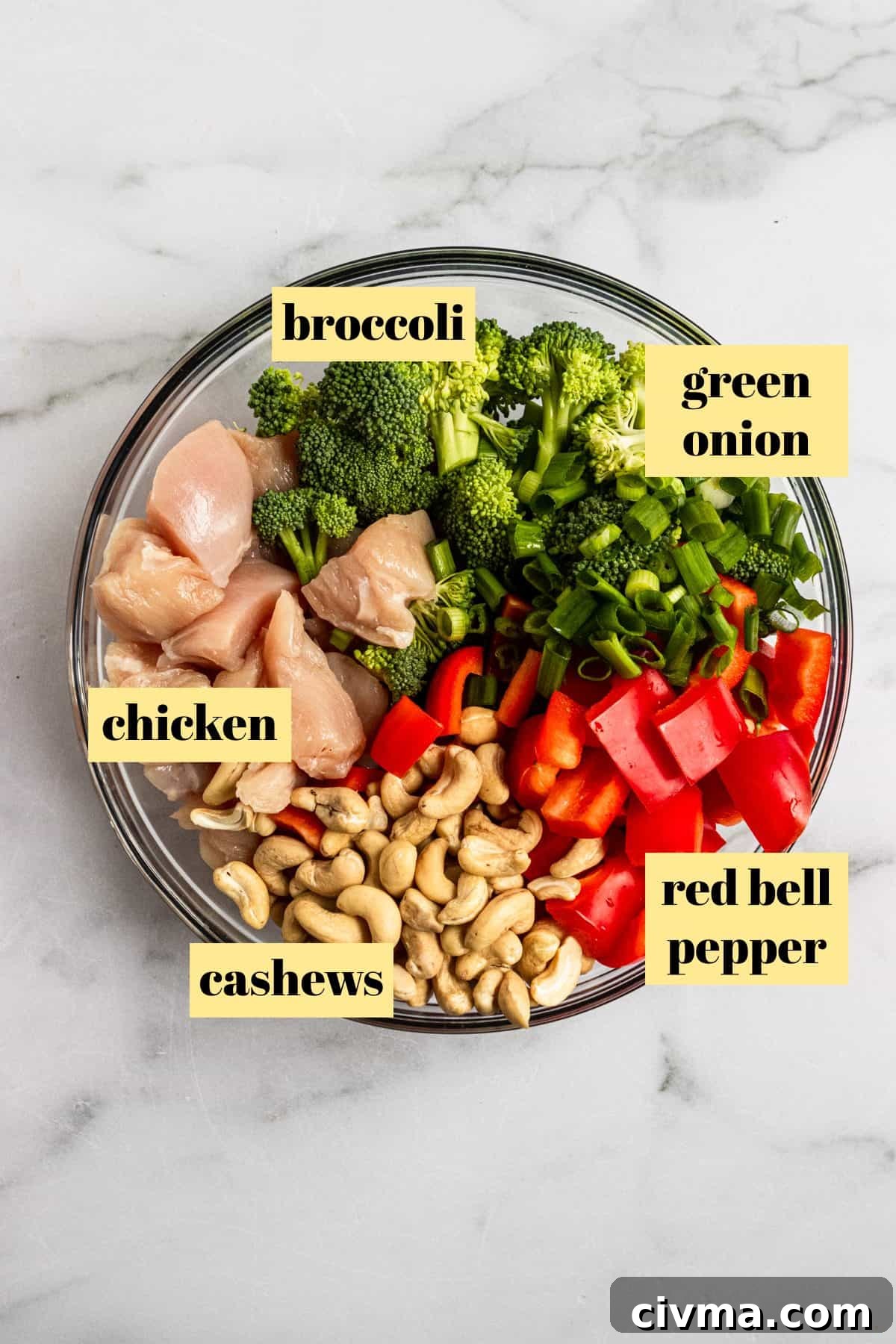 Ingredients included in baked cashew chicken.