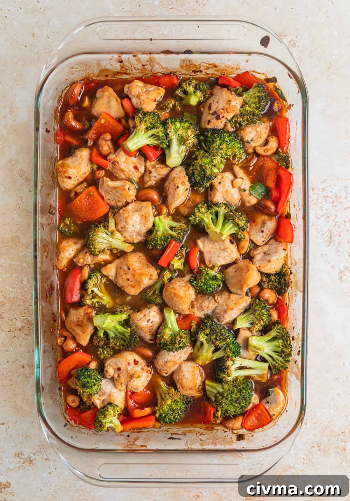 Baked cashew chicken in pan right out of the oven.