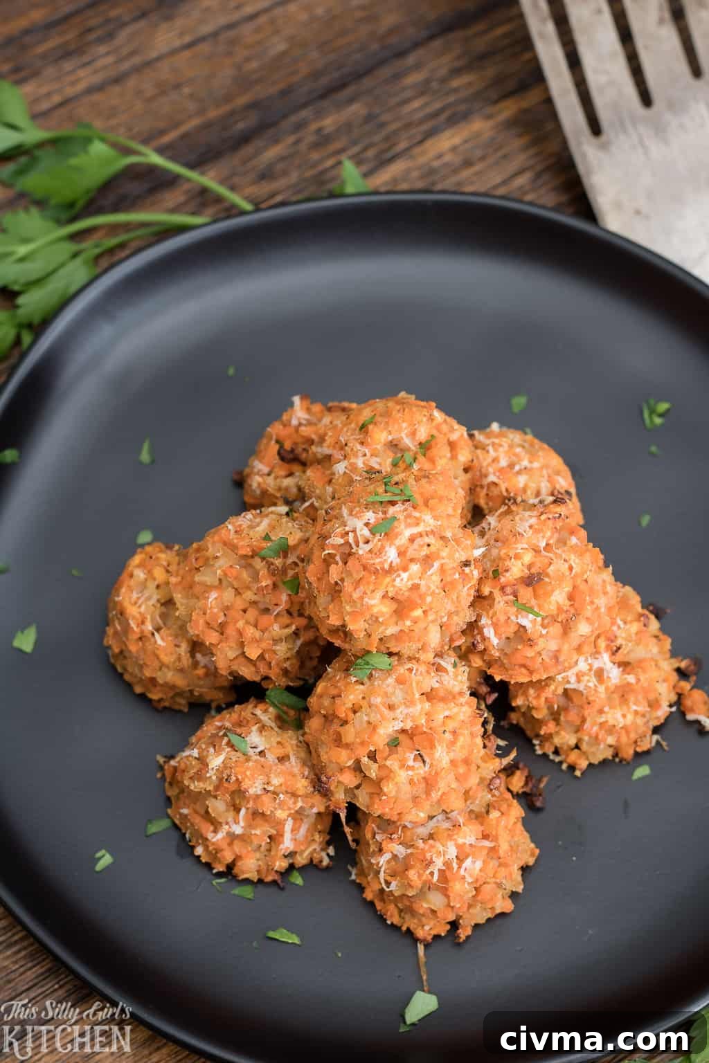 Close up of golden sweet potato tots