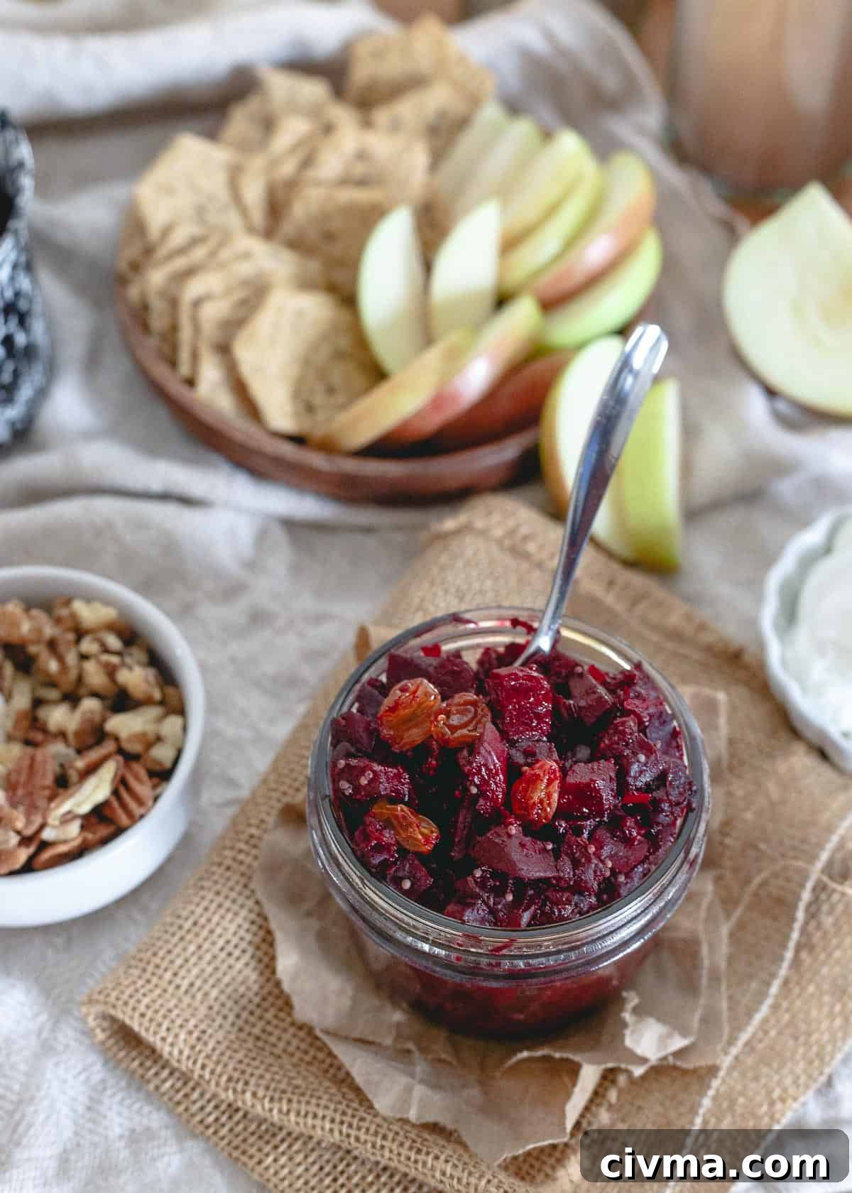 This beet apple chutney is infused with orange and lots of warming winter spices. A great spread on crackers, accompaniment to meat or even dolloped in yogurt!